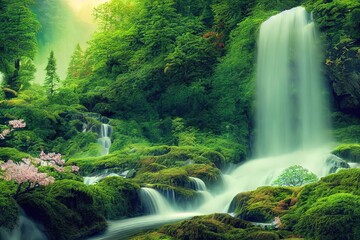 Poster - Mountain green valley with a waterfall and stormy water that falls from a height and trees, stones under a blue sky 3d illustration