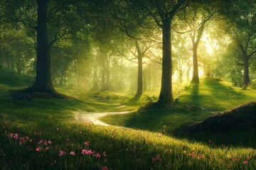 Sticker - Sunny forest glade with green trees along the sandy path and small flowers around 3d illustration