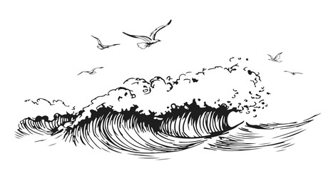 Birds fly over the sea. Seascape with waves, seagulls. Travel concept. Hand drawn landscape in vintage engraving style