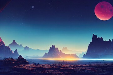 Poster - Night landscape with a huge red moon and rocky cliffs 3d illustration