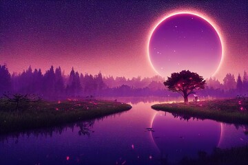 Poster - Night forest with glowing fireflies over purple pond under trees with moonlight 3d illustration