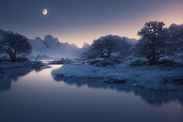 Poster - Winter landscape with white mountains, snow and firs on the river bank at night under the full moon 3d illustration