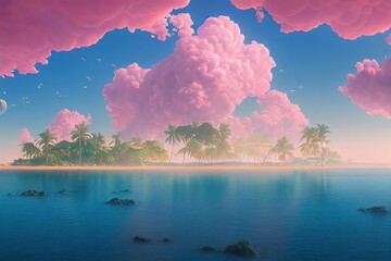 Poster - Tropical island in the ocean with green palm trees, white sand under blue sky with pink clouds 3d illustration