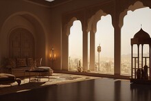 Arabic Room With Furniture, A Balcony And Arched Windows With A Night View Of The Ancient City 3d Illustration