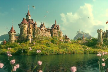 Wall Mural - Ancient castle on a green island, a lake around the castle with birds in the sky 3d illustration