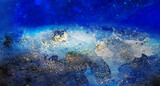 Fototapeta Kosmos - Abstrakter Hintergrund eines erleuchteten blauen Planeten in der Tiefe des Universums, von oben in seiner glitzernden morphologischen Oberfläche gesehen