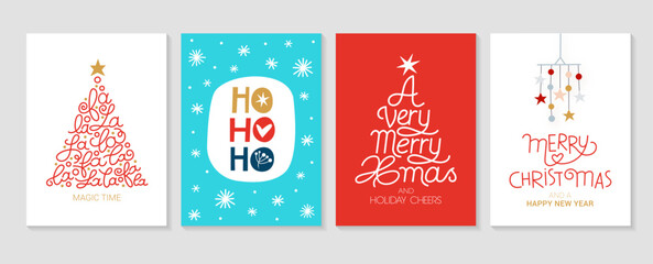 Wall Mural - set of christmas and happy new year greeting cards with lettering calligraphy decorative ornament el