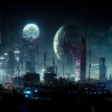 AI-generated Illustration Of A Big Round Moon Over A Dark City