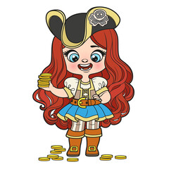 Sticker - Cute cartoon long haired pirate girl in hat with skull brooch and gold coins in hand color variation for coloring page on white background