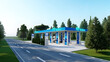 Hydrogen fuel car charging station white color visual concept design.  Power chargering station. 3d Rendering. 
