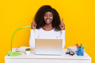 Sticker - Portrait of cheerful charming person indicate fingers up empty space use wireless netbook isolated on yellow color background