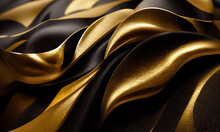Abstract Wavy Black And Gold Wallpaper. Waves Background With Curvy Golden Shiny Details . 3D Rendering Background With Bluish Colors For Graphic Design, Banner, Illustration, Poster