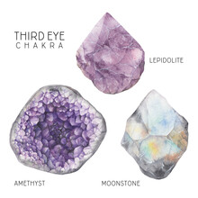Third Eye Chakra Crystals Set. Watercolor Chakra Stones, Healing Crystals, Talismans. Amethyst Lepidolite Moonstone Gemstones Isolated On White Background. Hand Painted Gems