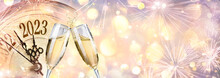 2023 - New Year Celebration With Champagne And Clock - Abstract Defocused Bokeh Lights