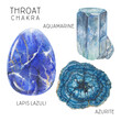 Throat chakra crystals set. Watercolor chakra stones, healing crystals, talismans. Azurite Aquamarine Lapis lazuli gemstones isolated on white background. Hand painted gems