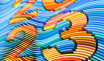 3D render abstract background of smooth lines of spline figures 2023 multicolor waves with deep of field