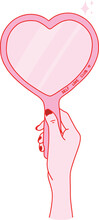 Woman's Hand Holding A Pink Heart Shaped Mirror. Self Love Club. Vector Illustration. 