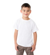 © Ievgen Skrypko - T shirt mock up. Smilling little boy in blank white t-shirt isolated on a white background.