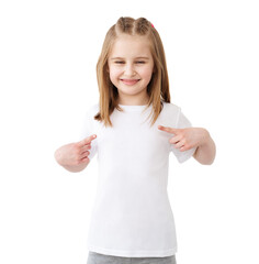 Wall Mural - T shirt mock up. Cute little girl in blank white t-shirt with pointed finger isolated on a white background.