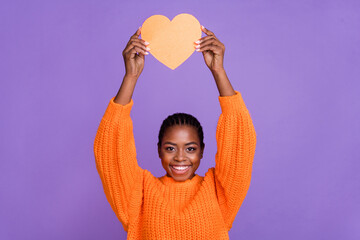 Canvas Print - Photo of young lovely woman hold paper heart figure cupid romance dream isolated over violet color background