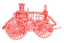 Old Fire Brigade Car - Fire Truck - Hand Drawn Illustration