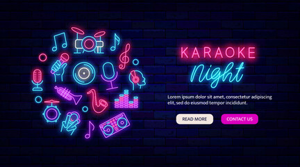 Wall Mural - Karaoke night neon flyer promotion. Music festival banner. Website landing page. Vector stock illustration