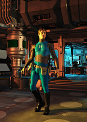 pilot exits the control room to search the spaceship in search of enemies, 3d illustration