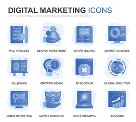 Aufkleber - Modern Set Business and Marketing Gradient Flat Icons for Website and Mobile Apps. Contains such Icons as Digital Strategy, Global Solution, Market. Conceptual color flat icon. Vector pictogram pack.