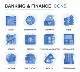 Leinwandbilder - Modern Set Banking and Finance Gradient Flat Icons for Website and Mobile Apps. Contains such Icons as Balance, E-Banking, Auction, Financial Growth. Conceptual color flat icon. Vector pictogram pack.
