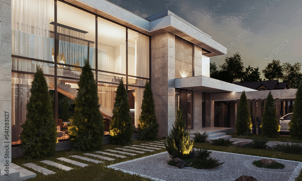 3D visualization of a modern house with a terrace and panoramic windows ...