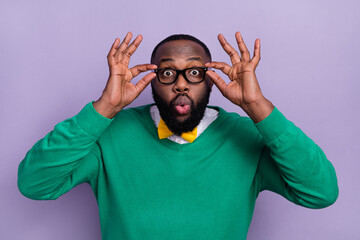 Poster - Portrait of crazy impressed person hands touch glasses pouted lips isolated on purple color background