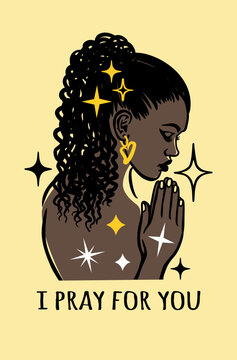 Black Afro Woman Praying African American Nubian Princess Queen.Poster. I pray for you.Girl lady portrait head face silhouette.Curly natural waves hair puff hairstyle drawing.Laser plotter cut.Stars.