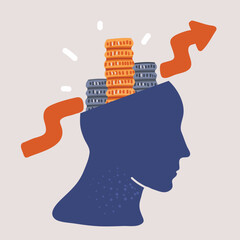 Wall Mural - Vector illustration of money inside head. Stack of money and increase graph