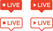Red live buttons on a white background. Live symbol, badge, sign, label, sticker template. Social media concept. Live streaming. Illustration