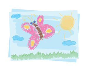 Poster - Child picture of butterfly semi flat color vector object. Art lesson. Editable element. Full sized item on white. Simple cartoon style illustration for web graphic design and animation