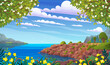 Seascape with rocks in spring season. Landscape of nature, plants, flora of natural area. Outdoor recreation place with coastline view. Ocean rocky shore with beautiful scenery vector illustration