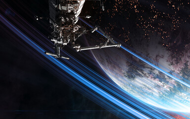 Wall Mural - space station in orbit of deep space planet. science fiction. elements of this image furnished by na