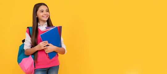 Wall Mural - tween and youth. learning subject. young happy teen girl carry backpack. Horizontal isolated poster of school girl student. Banner header portrait of schoolgirl copy space.