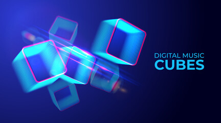 Fototapete - Digital cyber cube. Neon glowing cubes in motion with. Musical, gaming, technology, background with glowing 3d objects.