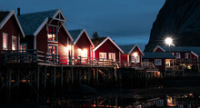 Night View Of Rorbu In The Hamnoy Island In Norway