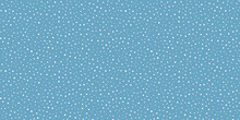 Hand Drawn Falling Snow Seamless Pattern, Uneven Round Fading Chaotic Dots, Spots, Flakes. Sketched White Snowflakes On Sky Blue Repeating Snowfall Background. 