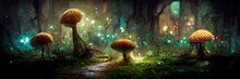 Fantasy Mushroom Forest, Trees, Nature, Enchanted. Mushrooms Landscape. 3D Digital Illustration