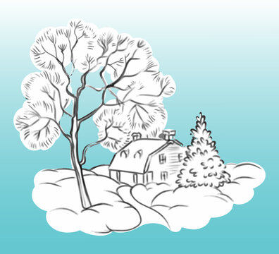 A hand-drawn Christmas landscape in shades of gray. For designs, illustrations and coloring books.