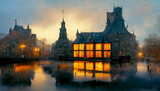 Fototapeta Londyn - De Waag weighing building at Nieuwmarkt in Amsterdam, Netherlands at dusk. Digital art and Concept digital illustration.