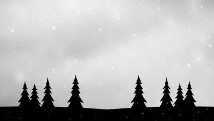 Poster - Winter scene with silhouette of tree landscape and snowfall looped animation. Copy space background.