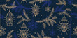 Abstract New Year pattern. Golden christmas decor and lantern
 on dark blue background. Seamless ornament for decor, wallpaper, gift paper and design of New Year's souvenirs