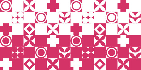 Poster - Pink and white checkerboard pattern with geometry. Vector white-pink pattern with geometric shapes in each cell. Suitable for print and stylish design.