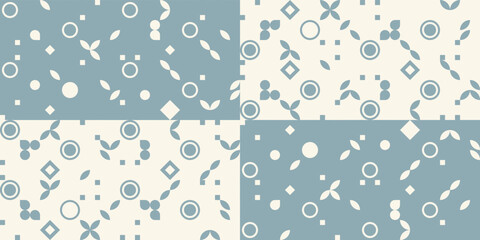 Poster - Rectangular blue and white with small geometric splashes. Print and interior with geometric inserts.