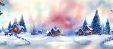 A Painting Of A Winter Scene With Houses And Trees, Creative Winter Landscape Background Wallpaper. Book Or Game Digital Illustration.