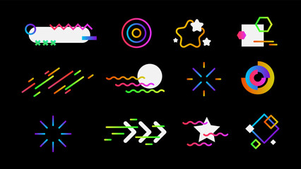 Wall Mural - Set of Abstract Social Media Stickers Illustrations. Circles, Lines, Stars and Arrows. Geometrical Gradient Neon Colorful Shapes on Black Background for your Stories, Posts, Banners and Graphic Design